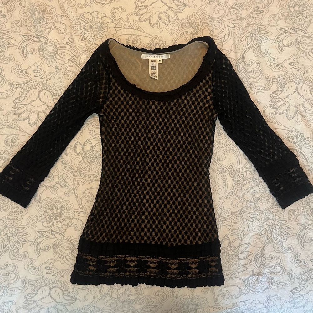 Max Studio Black Sheer Mesh Lace Scoop Neck Tunic
